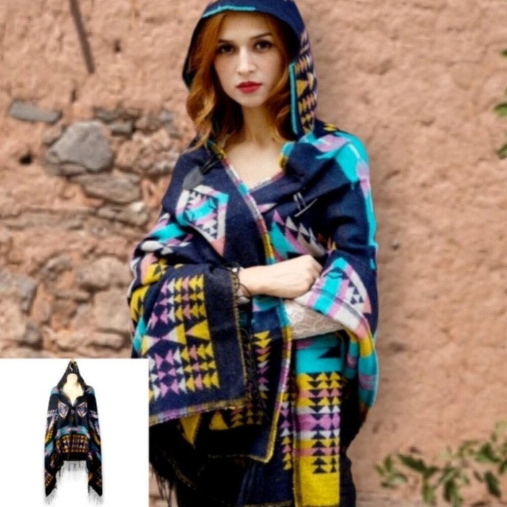 Reversible Aztec Fringed Faux Cashmere Cape w/Hood